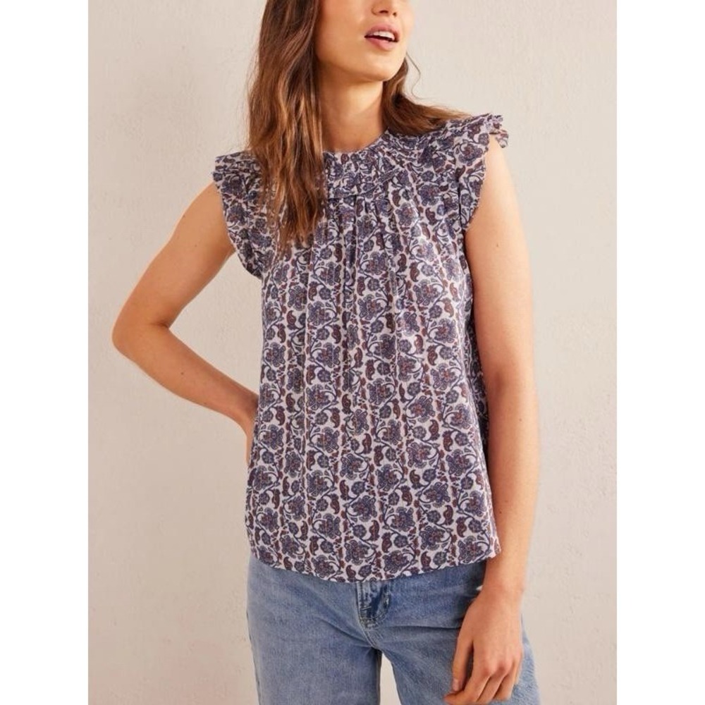 Boden Metallic Paisley Print Ruffle Mock Neck Sleeveless Blouse Top Size 6 $140